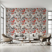 Office wall using Flower Aviary wallpaper and soft crimson blossom detail