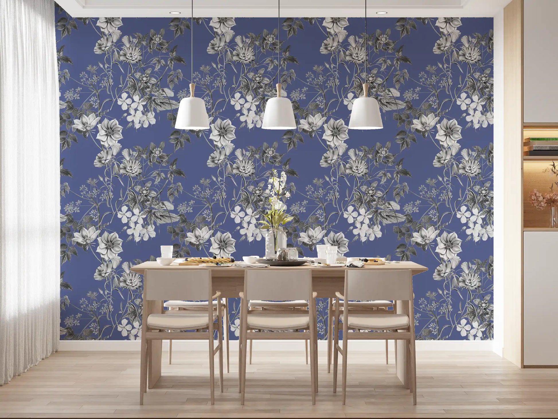 Blue background carries Botanical Vinca flowers in fine linework