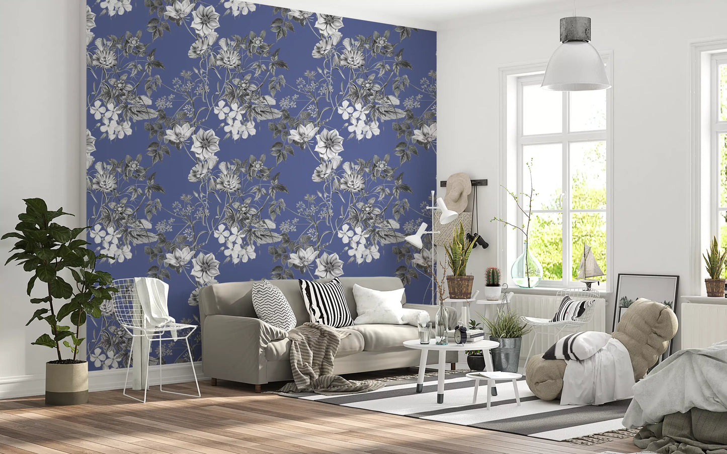 Living room finished with Blue Vinca wallpaper and botanical drawing
