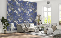 Living room finished with Blue Vinca wallpaper and botanical drawing