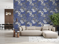 Vinca Blue wallpaper appears in living room styling with grey floral art