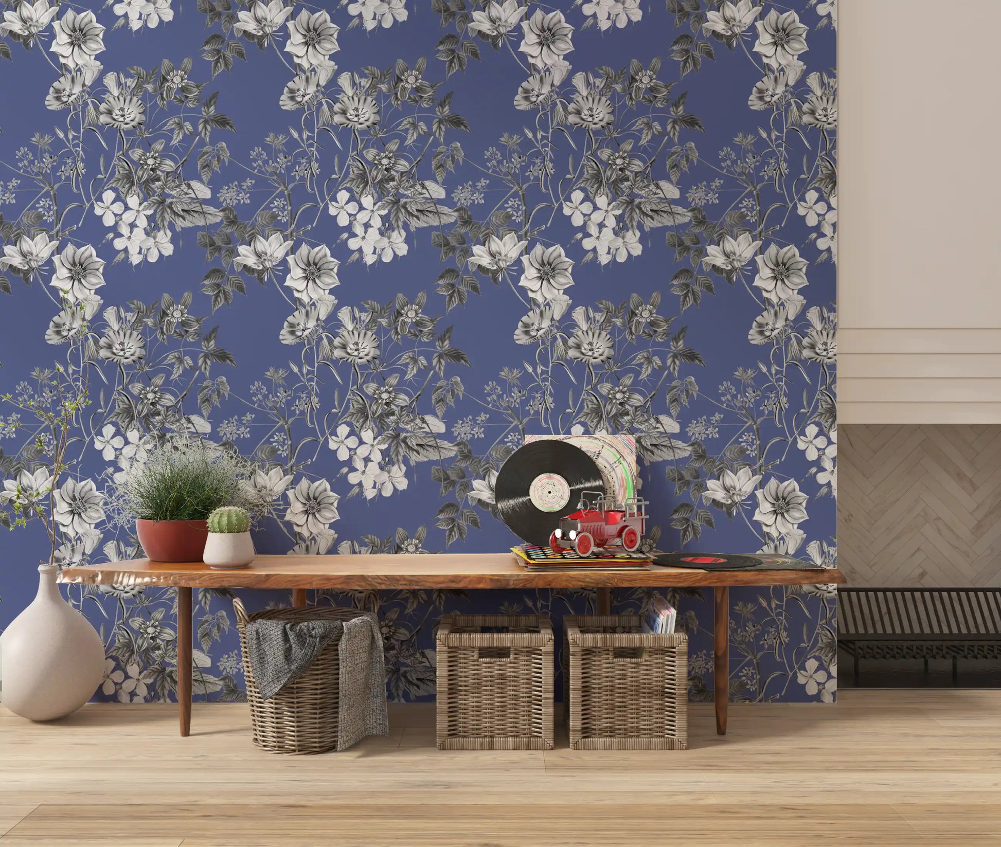 Home surface shows Botanical Vinca wallpaper with leafy sketch lines
