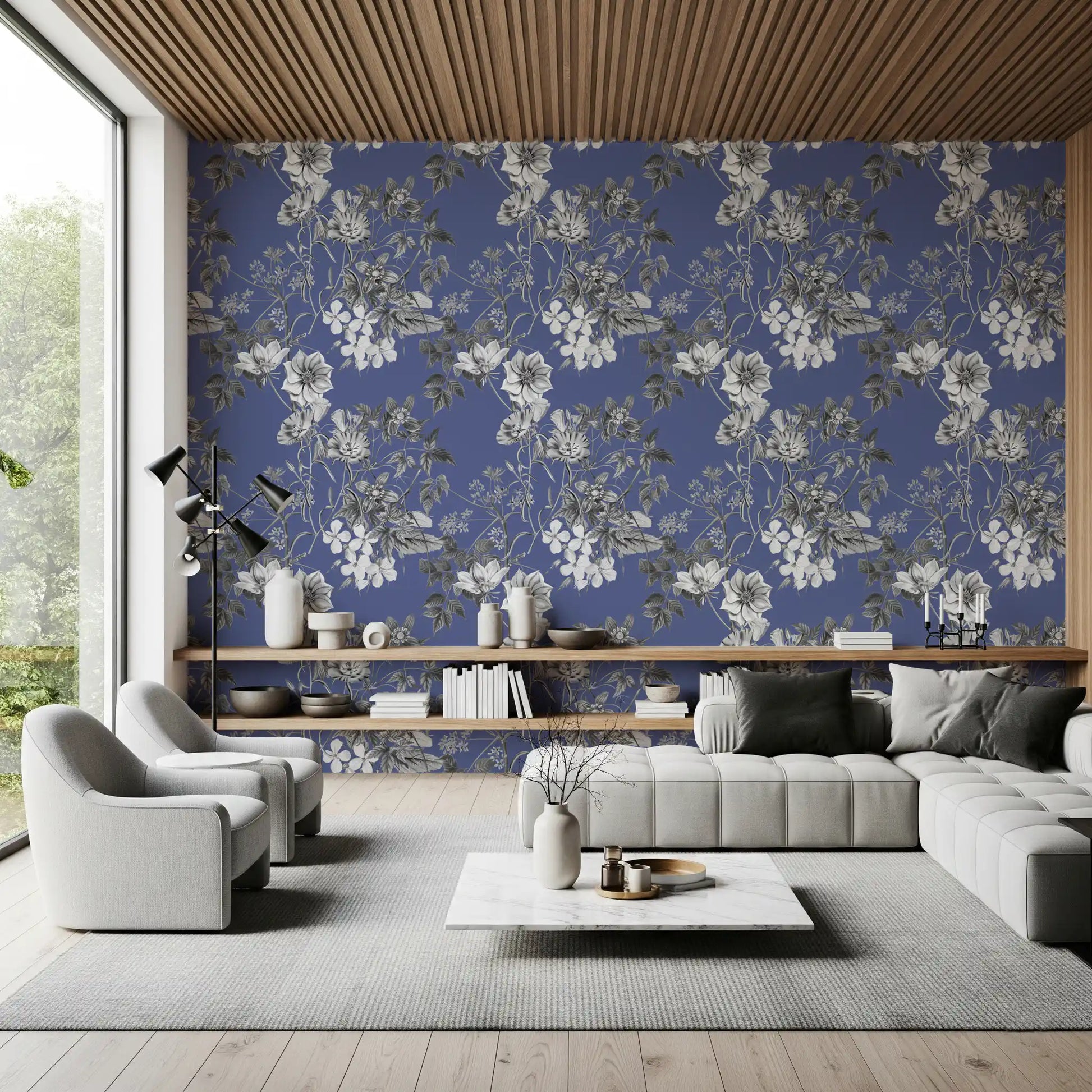 Fine floral detail in living room using Vinca Sketch wallpaper