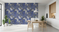 Grey flowers spread across Botanical Sketch wallpaper on blue colour