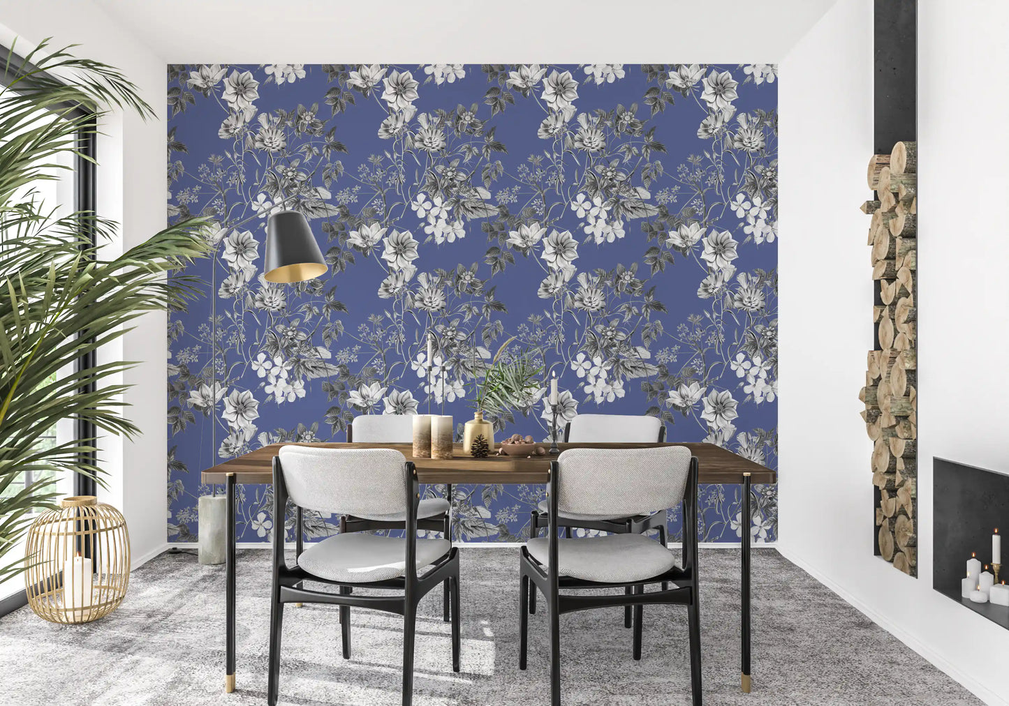 Botanical Sketch of the Vinca Wallpaper with calm blue floral pattern