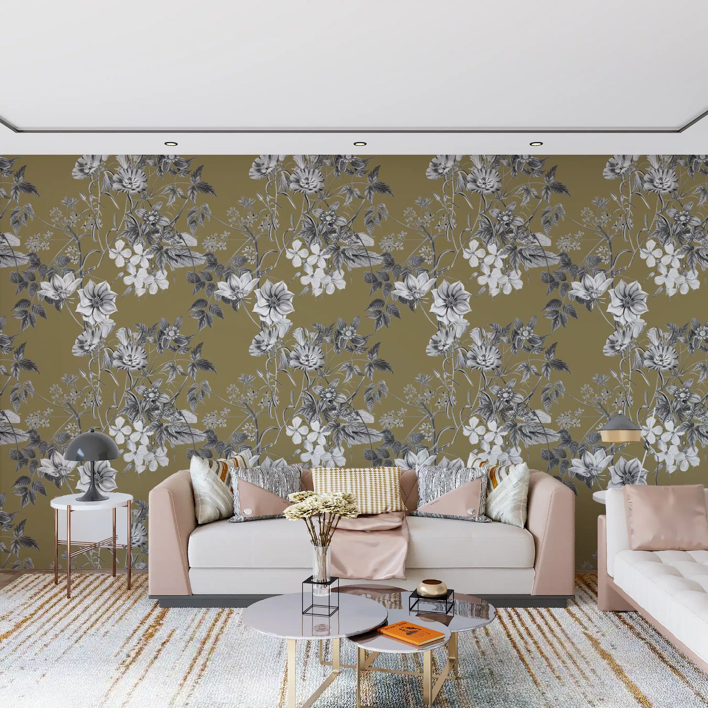 Hallway Golden Botanical wallpaper showing grey flowers on warm gold