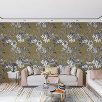 Hallway Golden Botanical wallpaper showing grey flowers on warm gold