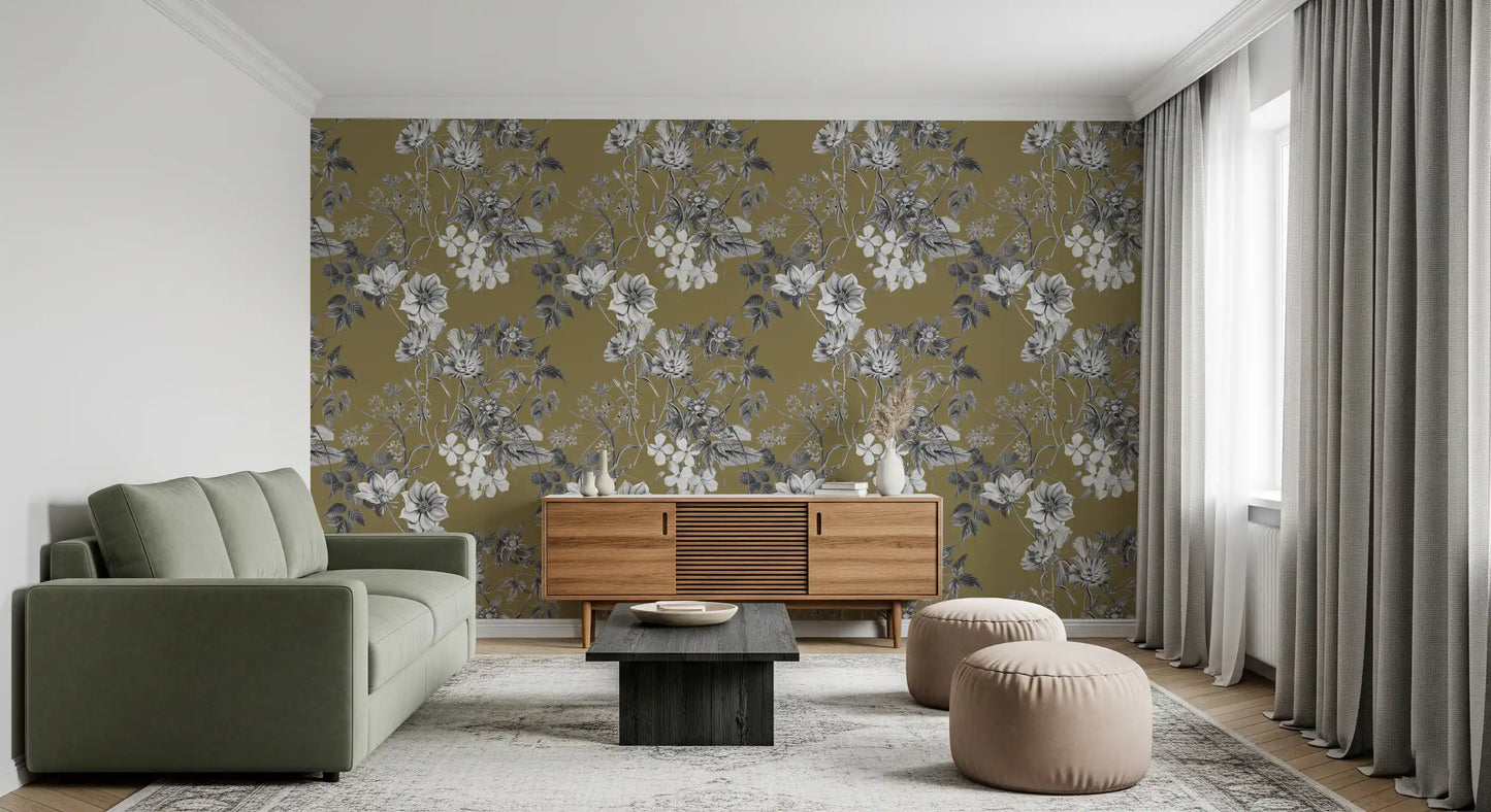 Floral sketch wallpaper showing Golden Botanical Prints design