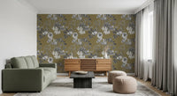 Floral sketch wallpaper showing Golden Botanical Prints design