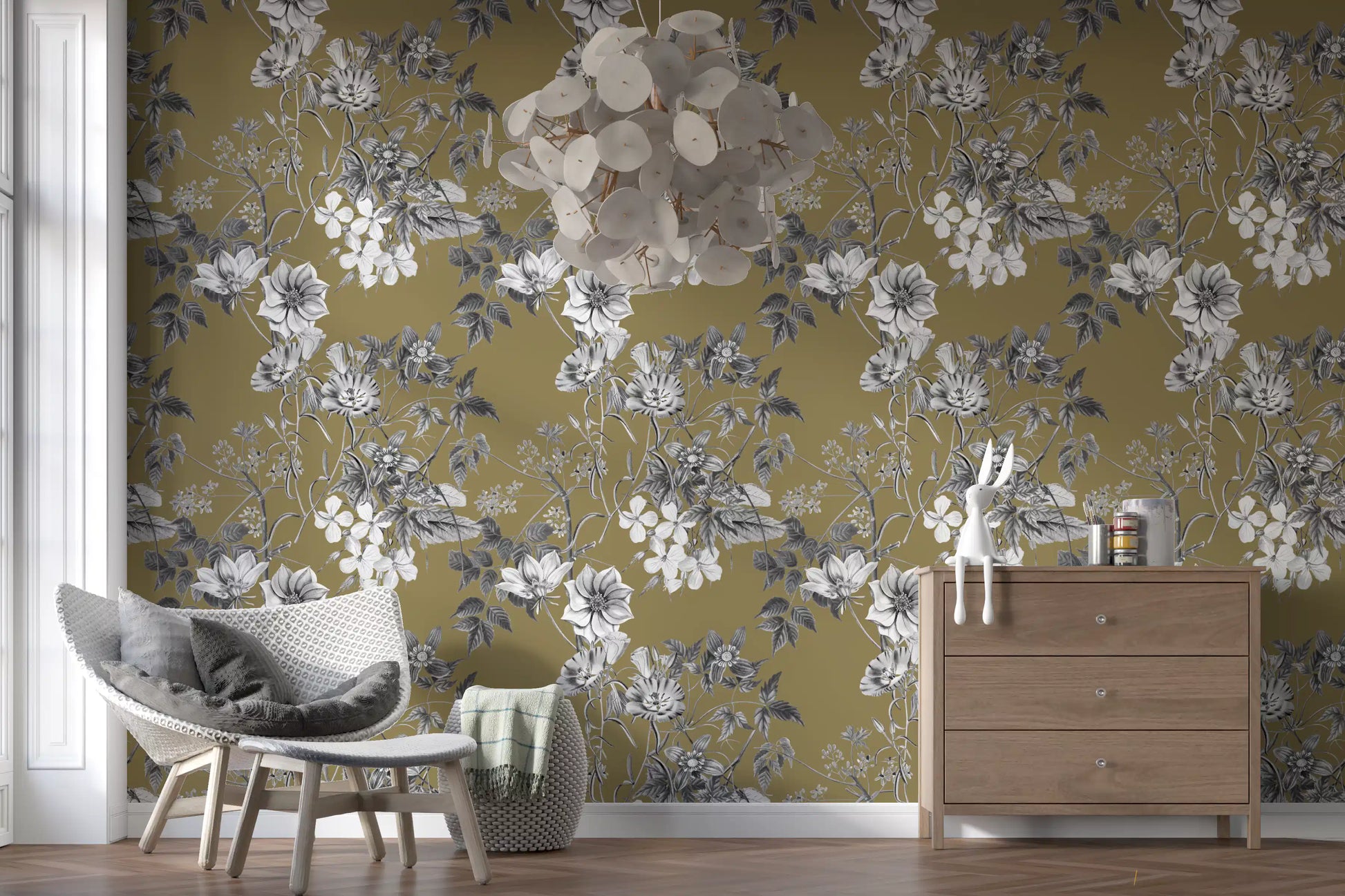 Muted golden wallpaper carrying Golden Botanical flower artwork