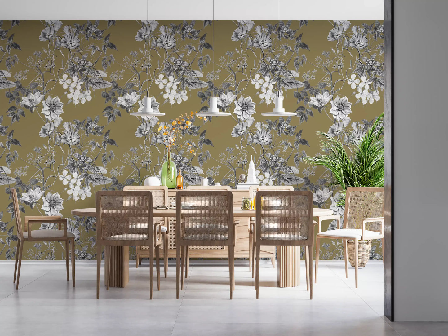 Dining room Golden floral wallpaper featuring monochrome botanical art