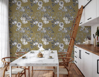 Grey floral wallpaper on gold base with Botanical Prints leaf detail