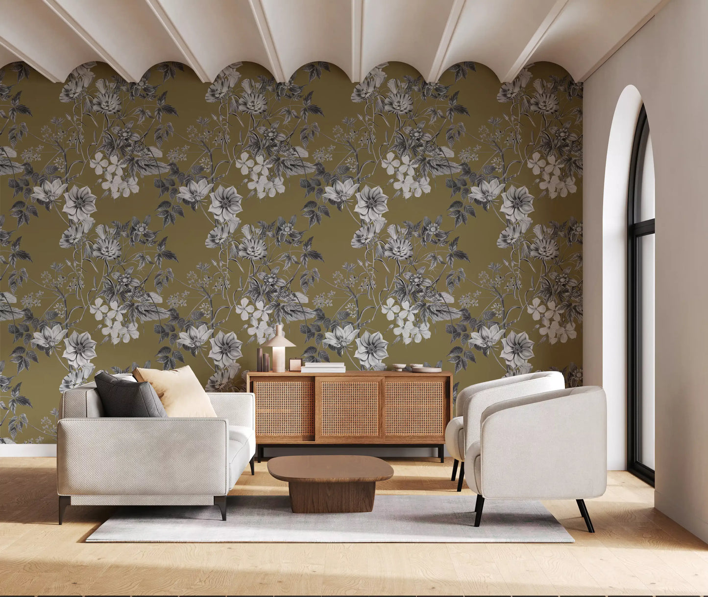 Warm gold wallpaper with Golden Botanical Prints and flower outlines