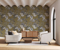 Warm gold wallpaper with Golden Botanical Prints and flower outlines