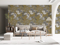 Hallway Botanical Prints wallpaper with leafy stems and golden base