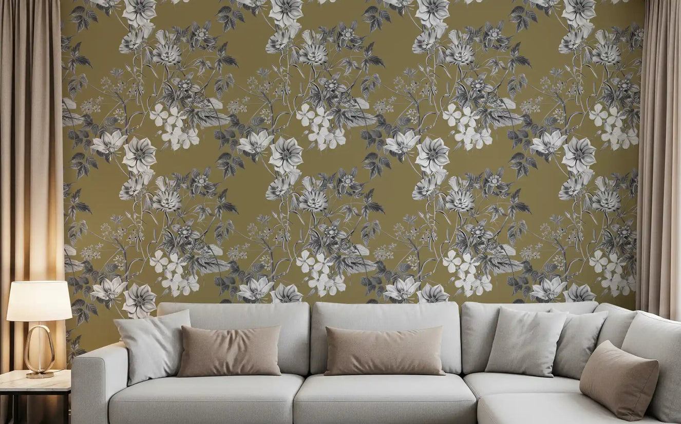 Living room Golden Botanical Prints wallpaper with floral sketch detail