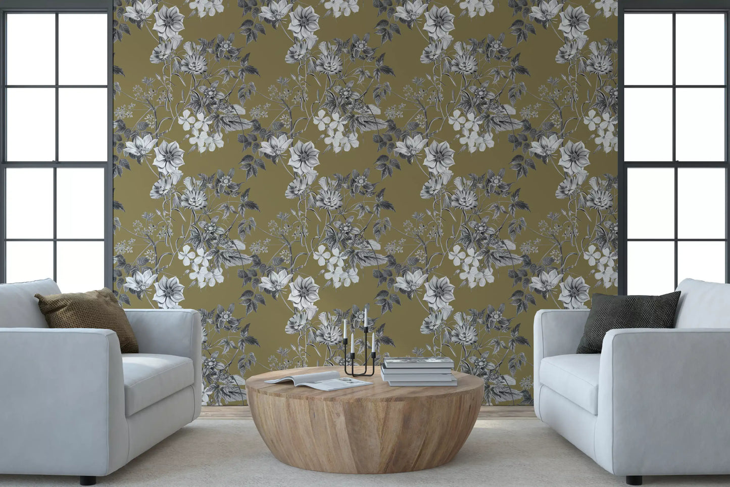 Office room Golden Botanical Prints wallpaper with soft leaf linework