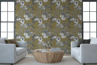 Office room Golden Botanical Prints wallpaper with soft leaf linework