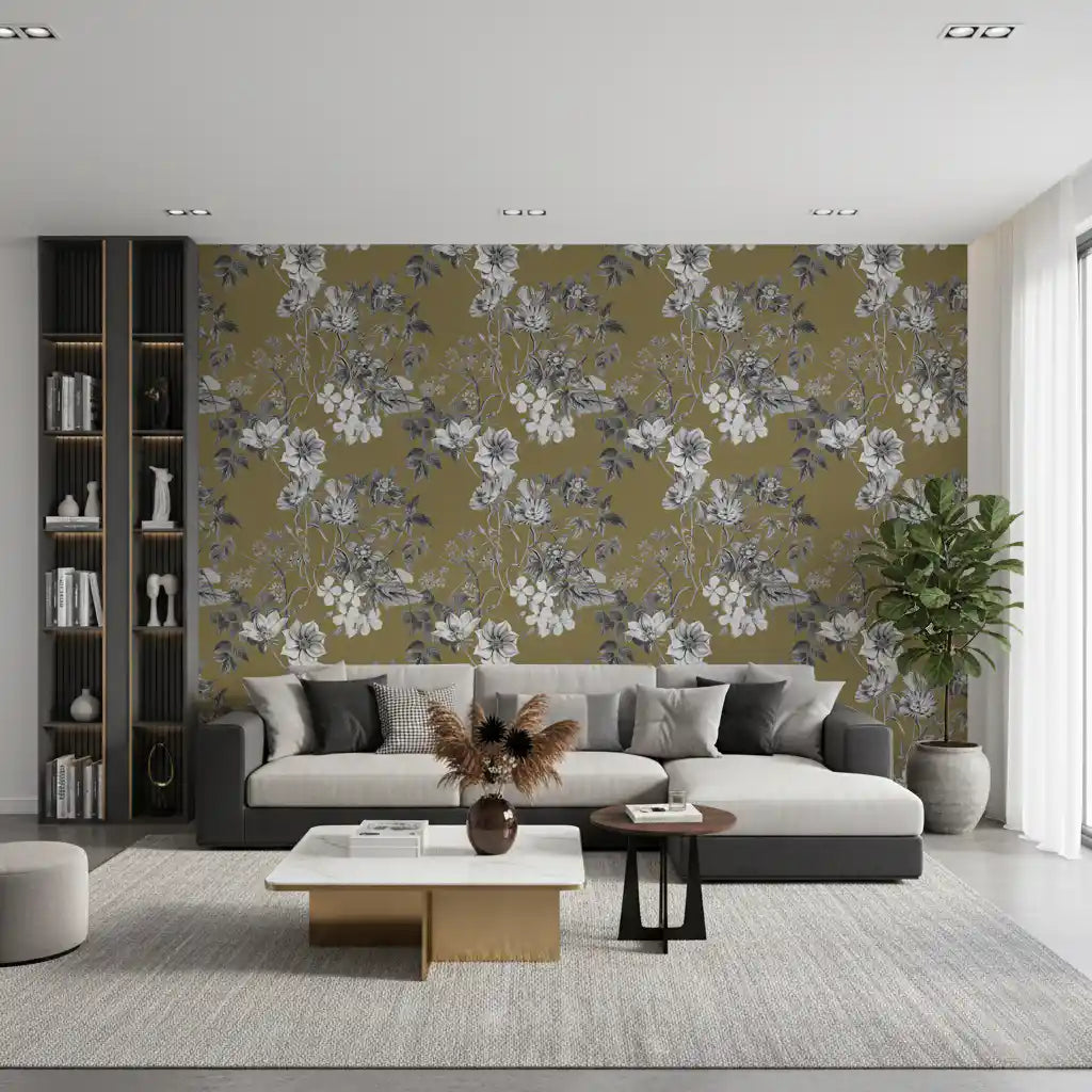 Botanical line wallpaper with Golden Prints stems and shaded leaves