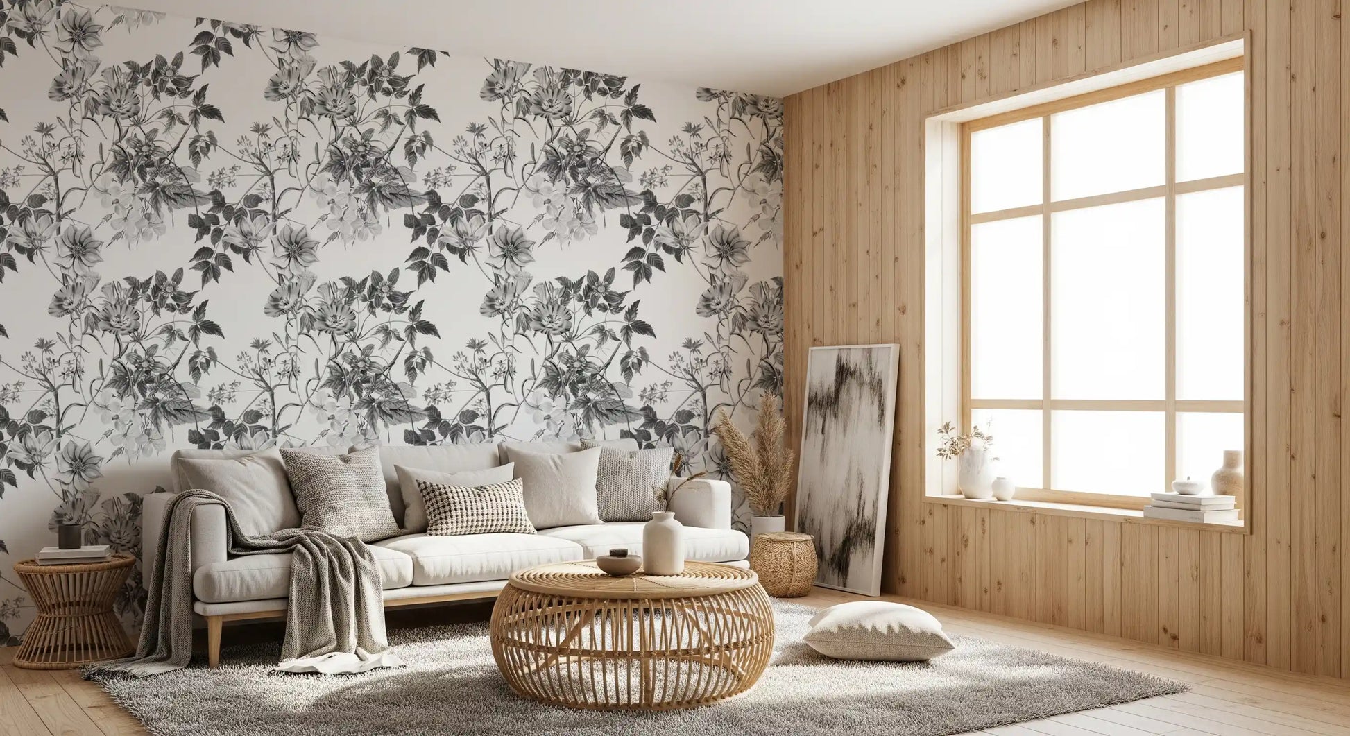 Living room Monochrome floral wallpaper featuring sketched botanicals