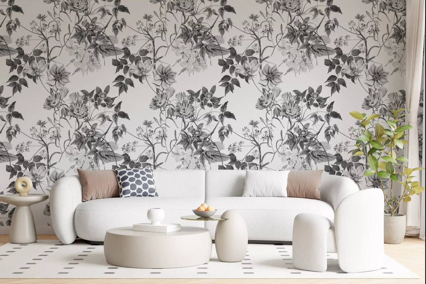 White floral wallpaper carrying Botanical Prints in charcoal tones