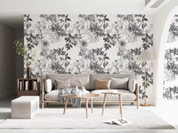 Living room Botanical Prints wallpaper with white base and grey leaves