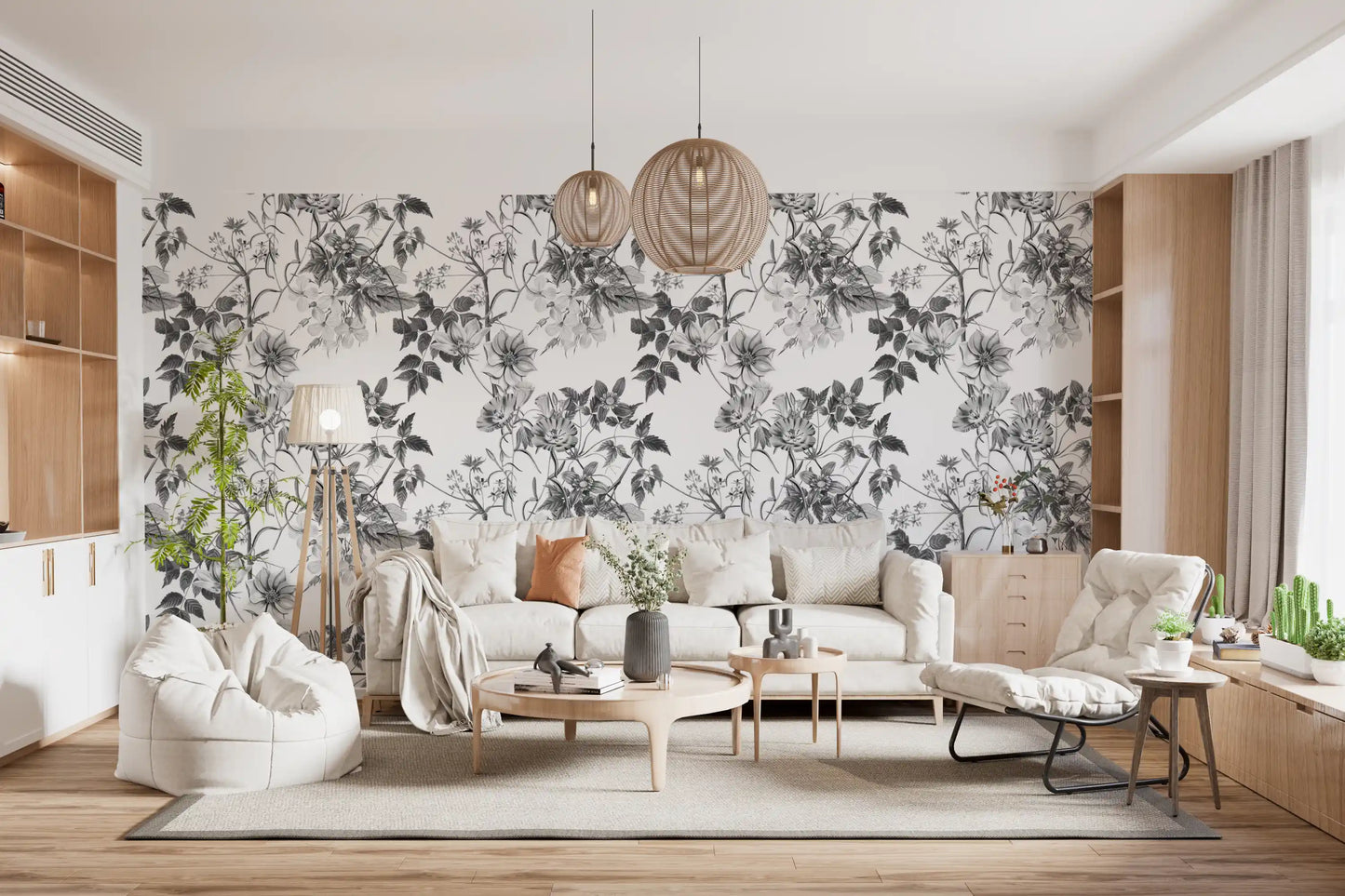 Hallway Monochromatic Botanical wallpaper with leafy stem detail