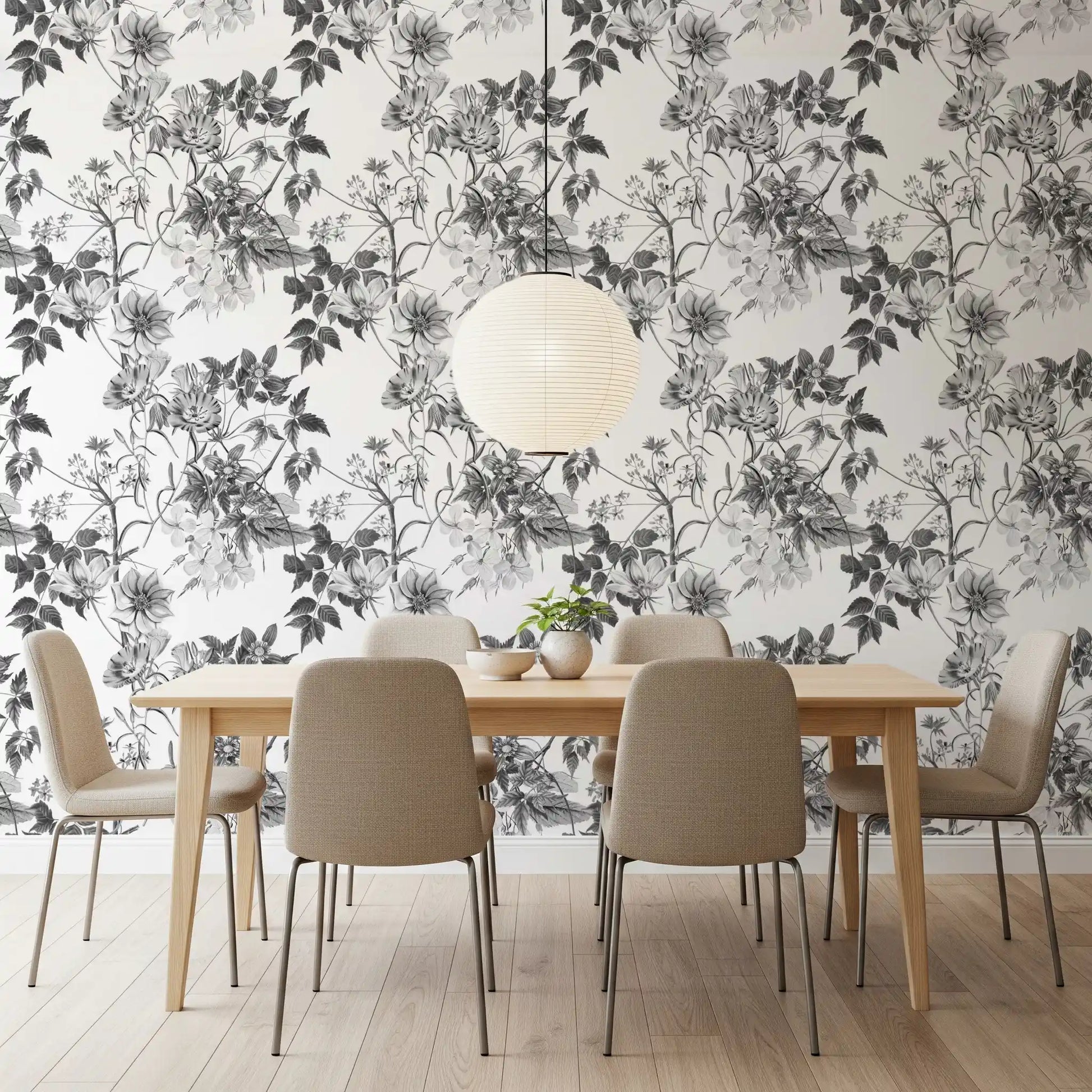 Grey floral wallpaper showing Botanical Prints with leaf line detail