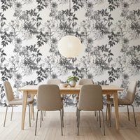 Grey floral wallpaper showing Botanical Prints with leaf line detail