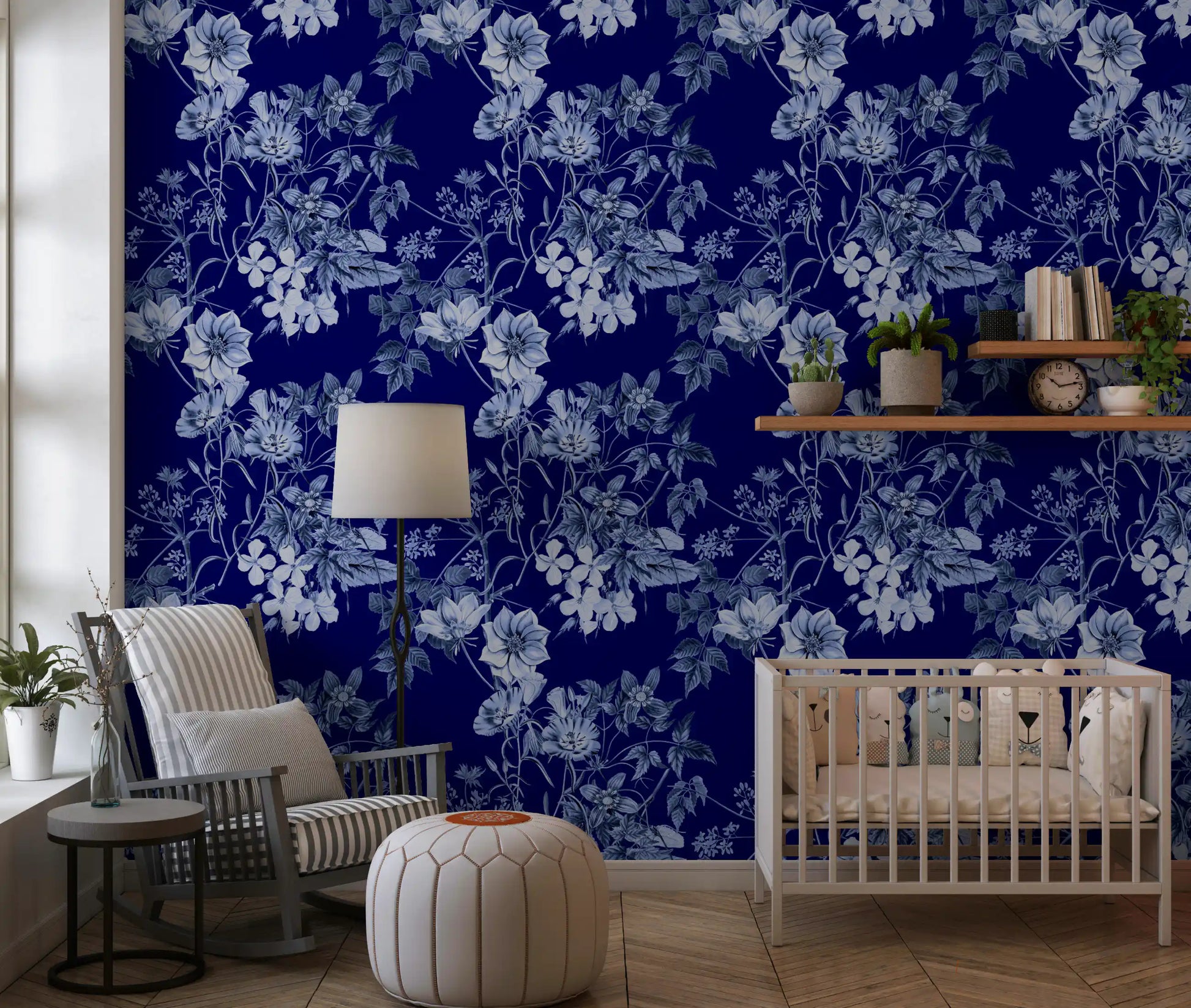 Leafy botanical wallpaper with Midnight Flower design in blue tones