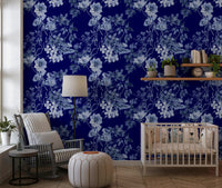 Leafy botanical wallpaper with Midnight Flower design in blue tones