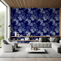 Blue flower wallpaper carrying Midnight Flower Prints botanical detail