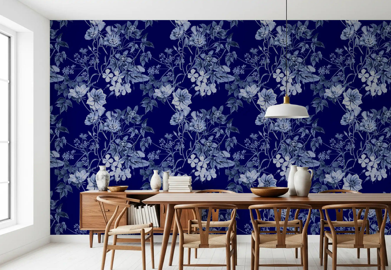 Dining room Midnight Flower Prints wallpaper with deep blue floral detail