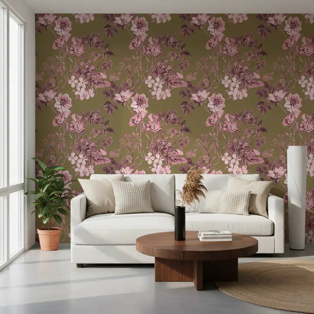 Flores de herencia: rosa y oliva Wallpaper⁠