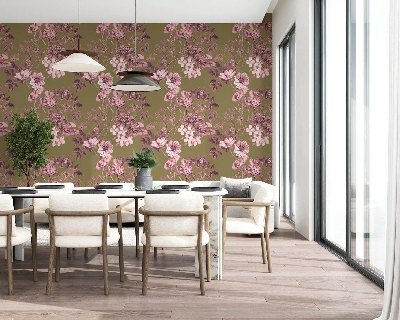 Flores de herencia: rosa y oliva Wallpaper⁠