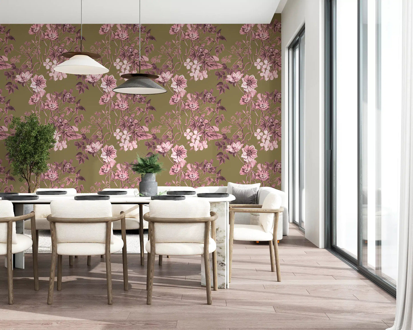 Flores de herencia: rosa y oliva Wallpaper⁠