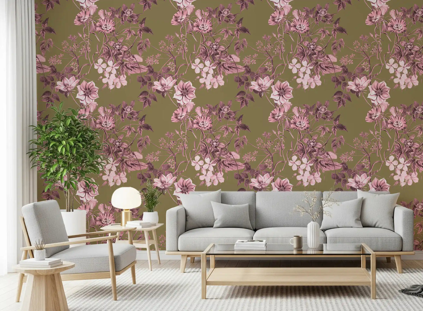 Flores de herencia: rosa y oliva Wallpaper⁠