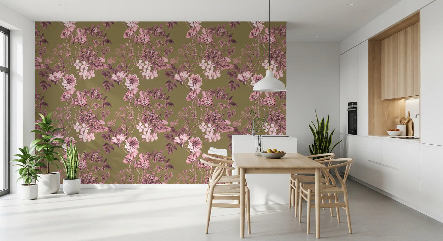 Flores de herencia: rosa y oliva Wallpaper⁠