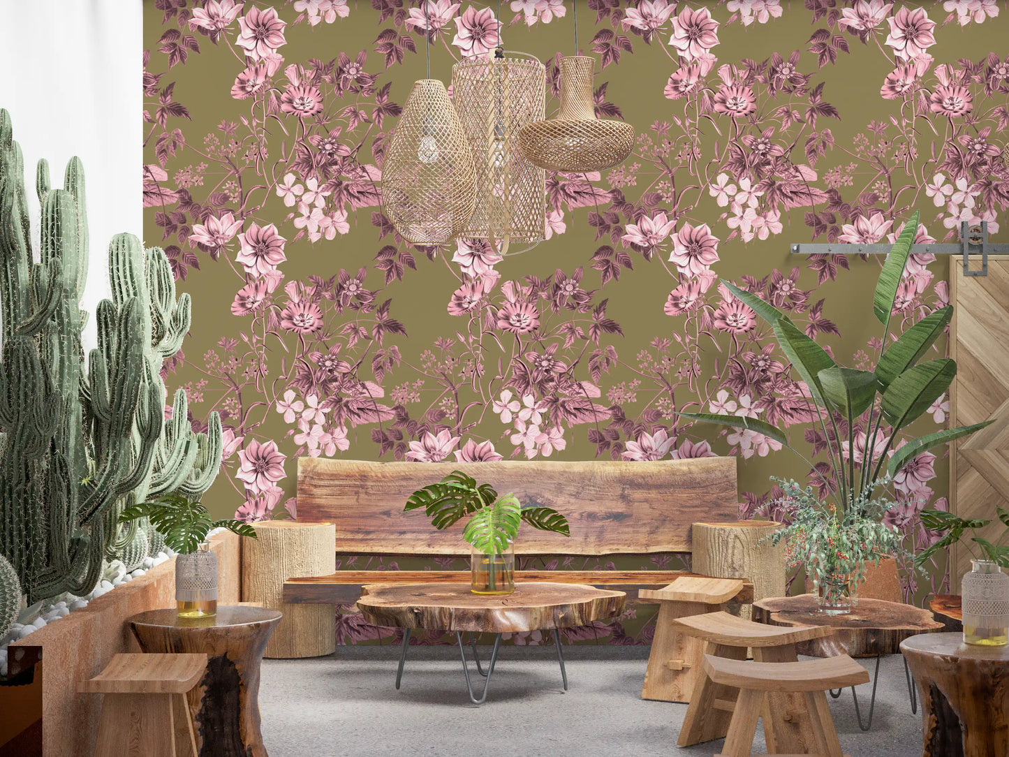 Flores de herencia: rosa y oliva Wallpaper⁠