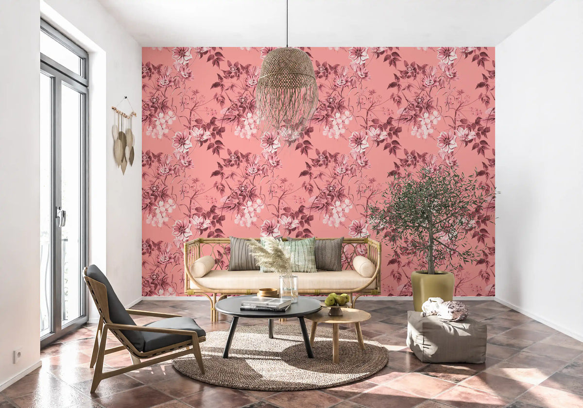 Home pink Flower Prints wallpaper with soft botanical sketch styling
