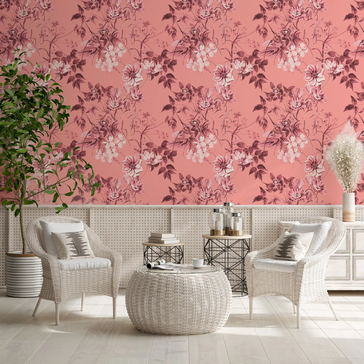 Hallway blush Flower Prints wallpaper with neat botanical detailing