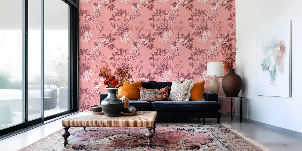 Soft sketch wallpaper with Blushing Flower pattern and leafy flower art