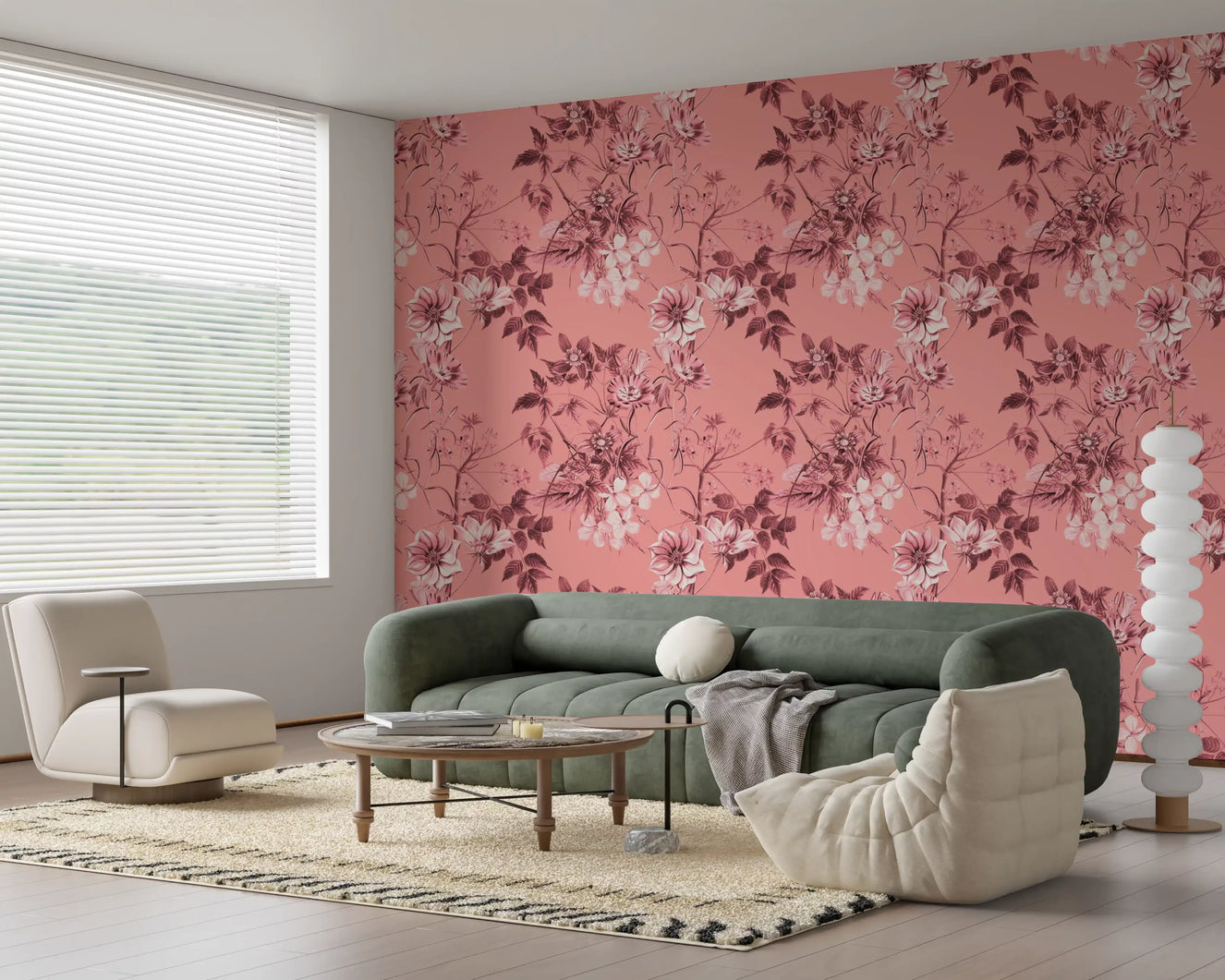 Hallway Blushing Flower wallpaper showing blush blooms and leafy artwork