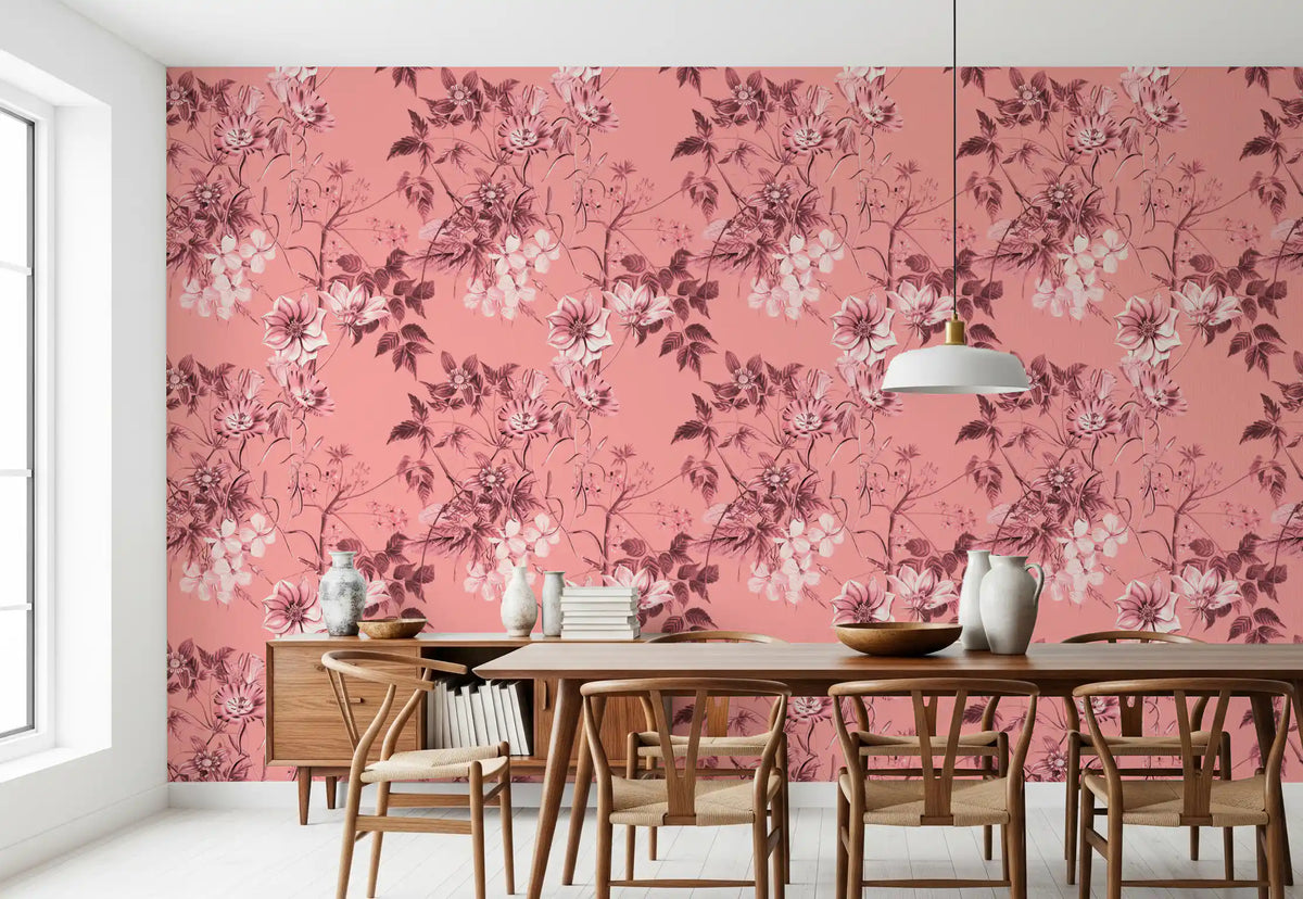 Floral print wallpaper showing Blushing Flower blooms in soft pink tones