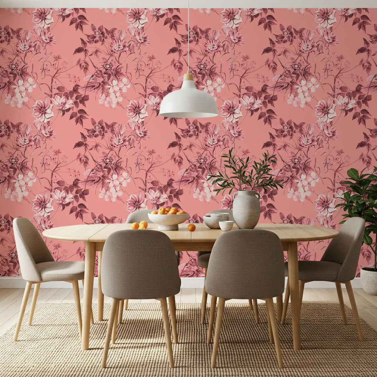 Warm pink wallpaper with Blushing Flower Prints and fine leafy outlines
