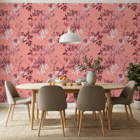 Warm pink wallpaper with Blushing Flower Prints and fine leafy outlines