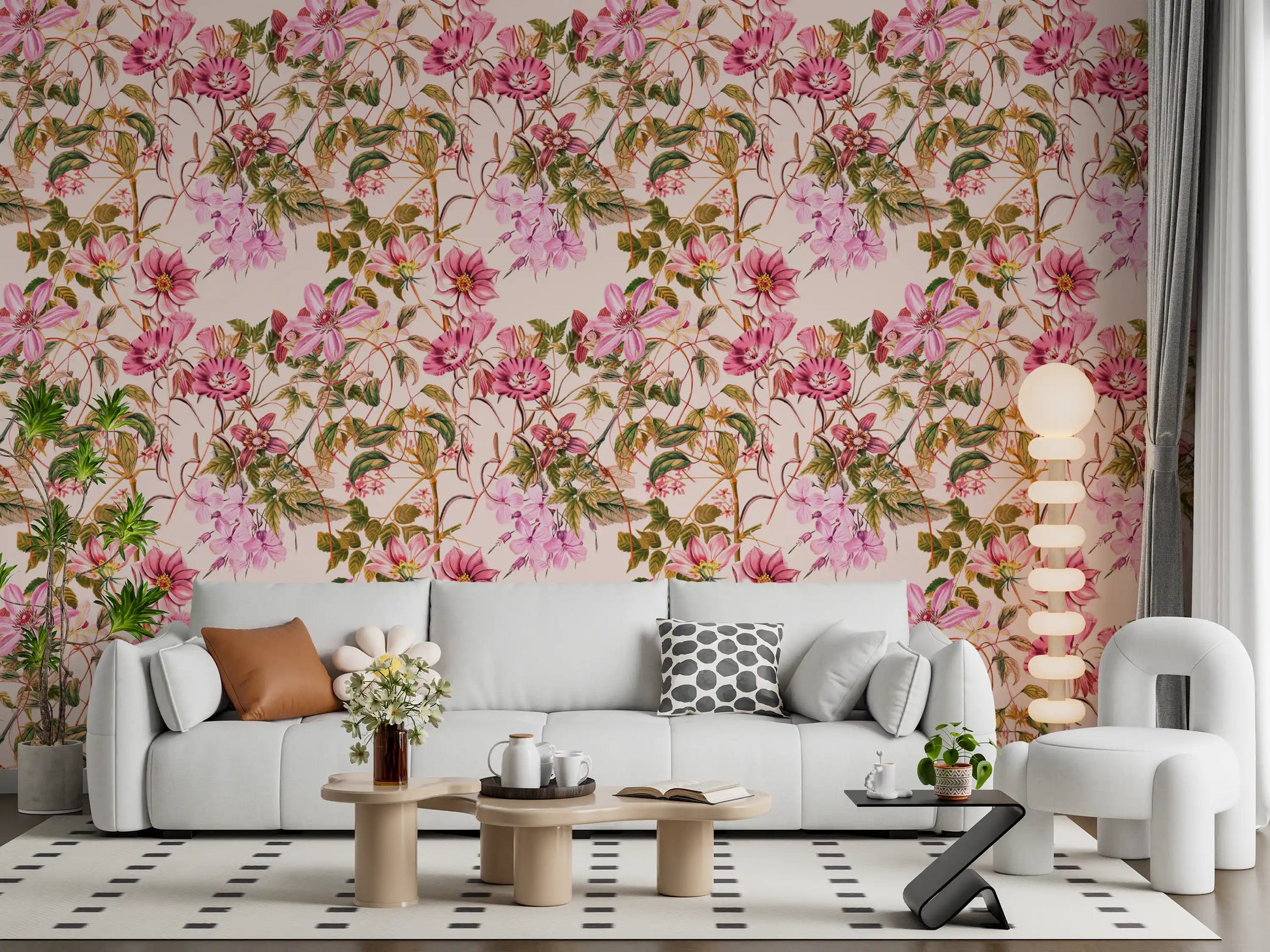 Leafy vine wallpaper carrying Floral Elegance blooms in soft tones
