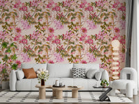 Leafy vine wallpaper carrying Floral Elegance blooms in soft tones