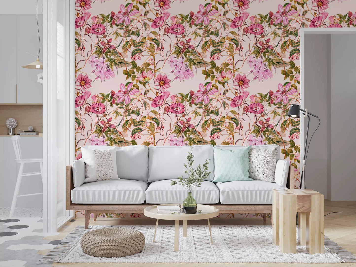 Hallway styled with Floral Elegance floral wallpaper and green leaves