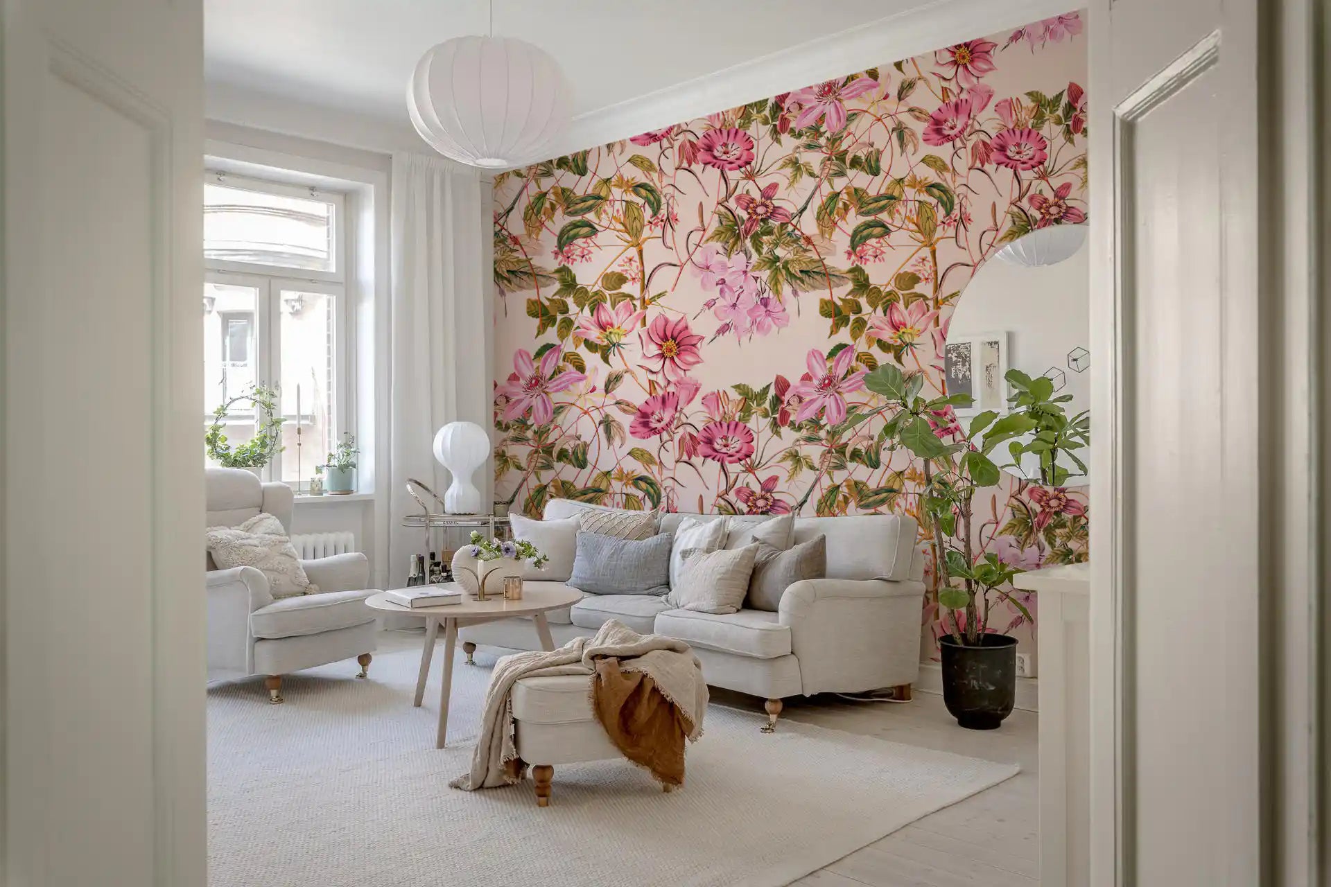 Green foliage wallpaper with Floral Elegance pink flowers and vines